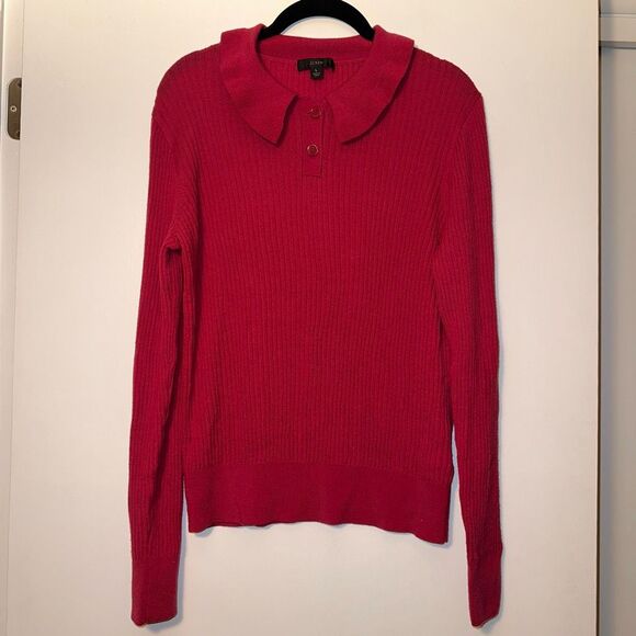 J. Crew Large Raspberry Pink Collared LS Womens Sweater Merino Wool Blend EUC - Picture 1 of 10